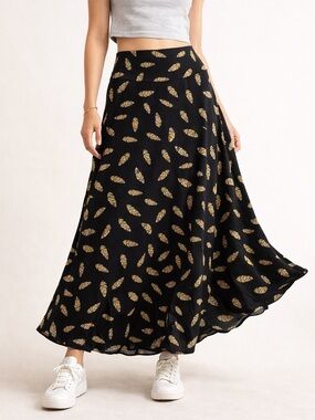 LuLaRoe Maxi Skirt Size S NWT Black Feather Print Boho Flowy